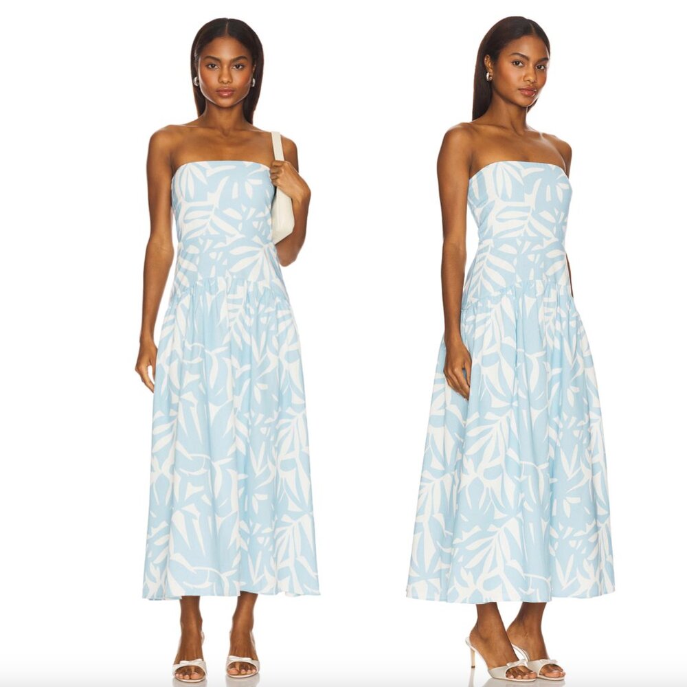 NEW SEVEN WONDERS Addie Midi Dress in Matelo Sky Blue White Tube Strapless XS